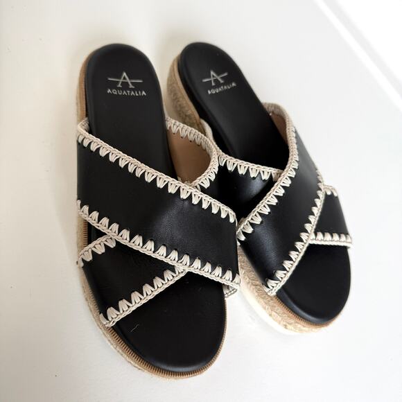 AQUATALIA Leather Espadrille Sandals Black Crisscross Platform Size 8 Boho Beach - Picture 2 of 12